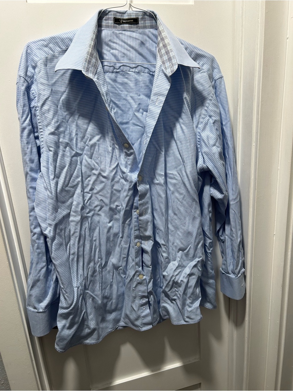 Yaly Couture Blue Micro-Check Long Sleeve Dress Shirt